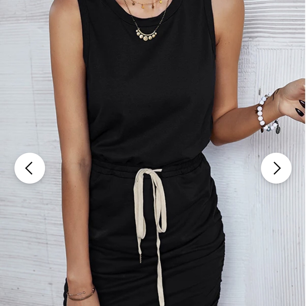 Black Mini Sheath Dress with Crew Neck and Cream Drawstring
